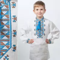 Вышиванка детская для мальчика "Гетьман" голубой орнамент Собственное производство, 98, лён
