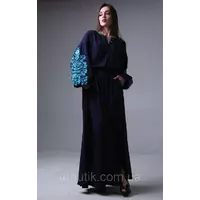 Синее платье с вышивкой Дерево жизни (бирюзовая вышивка)