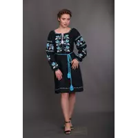 Платье с вышивкой из темно - синего льна Роза Украины