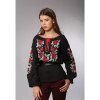 Женская черная вышиванка Полтавские Розы (красно-белая вышивка)