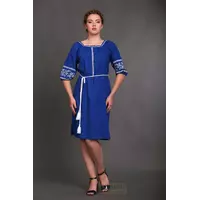 Женское ярко - синее платье с вышивкой (лен электрик)